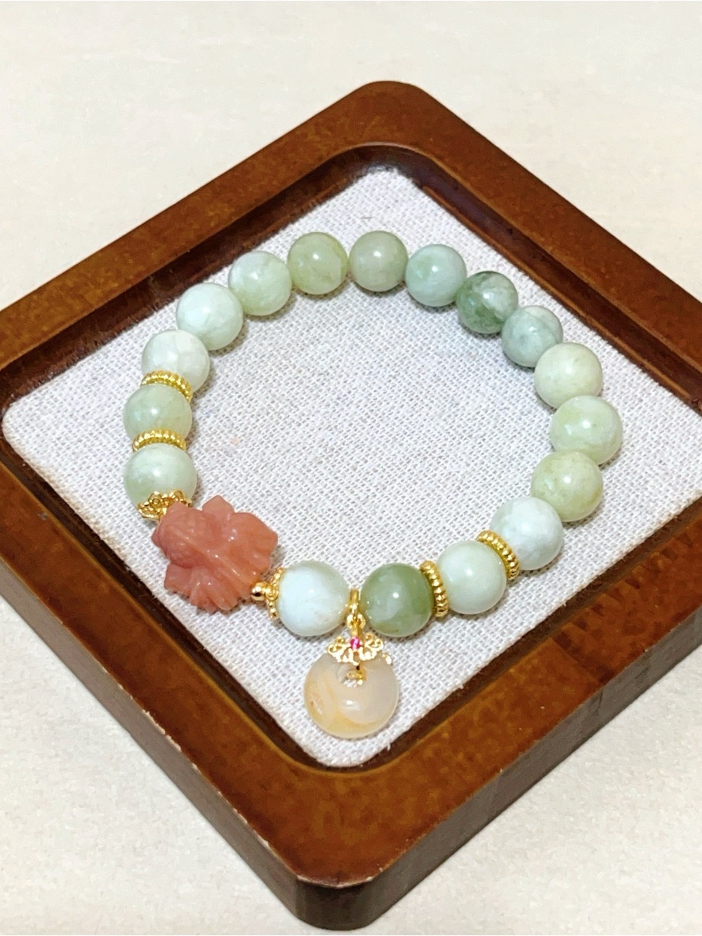 Handmade Natural Serpentine jade Bracelet | Lucky Koi Fish Charm | 10mm